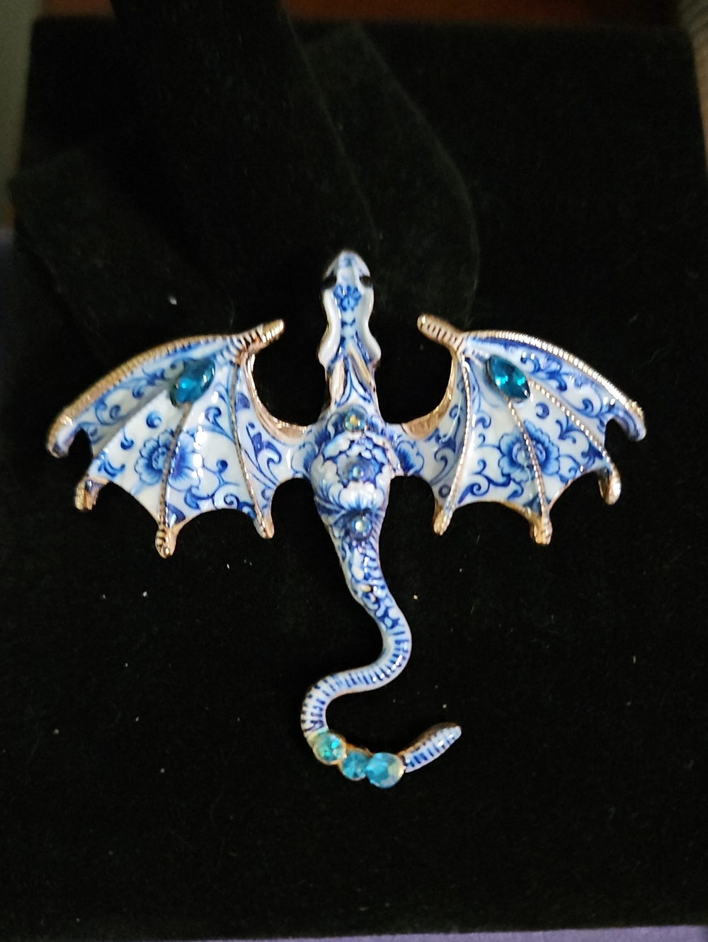Blue Enamel Dragon Brooch with Teal Crystals - Women Jewelry